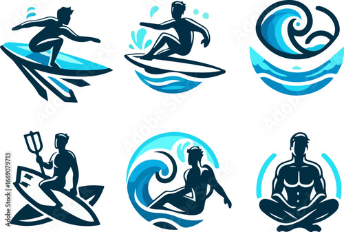 sketch vector illustration image design collection of icons logo symbols character silhouettes of sportsmen surfing on ocean waves cool model style abstract vintage ethnic modern