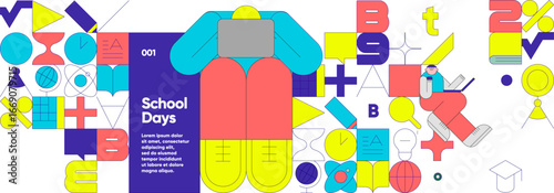 Colorful abstract illustration representing school days, featuring geometric shapes, educational symbols, and a character with a laptop. Ideal for educational themes and creative projects.