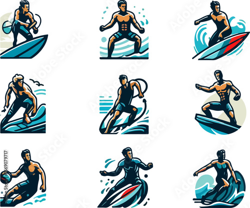 sketch vector illustration image design collection of icons logo symbols character sportsman surfing on the waves cool modern abstract style model