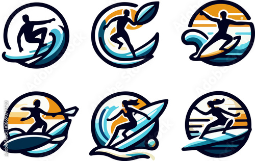 sketch vector illustration image design collection of icons logo symbols character silhouettes of sportsmen surfing on ocean waves cool model style abstract vintage ethnic modern