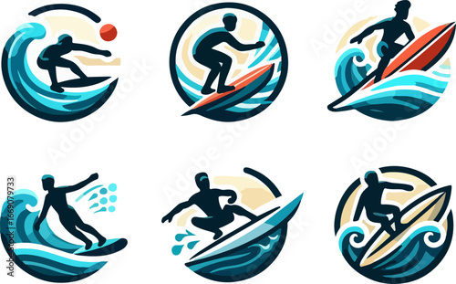 sketch vector illustration image design collection of icons logo symbols character silhouettes of sportsmen surfing on ocean waves cool model style abstract vintage ethnic modern