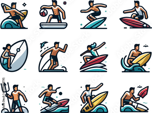 sketch vector illustration image design collection of icons logo symbols character sportsman surfing on the waves cool modern abstract style model