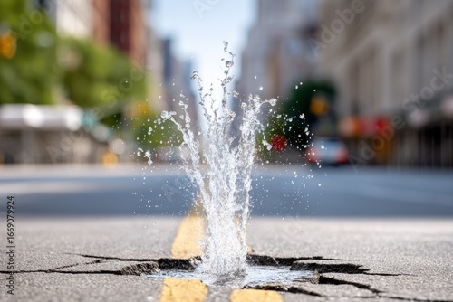 A close-up of water gushing from a cracked asphalt street, with yellow road lines and a blurred urban background.