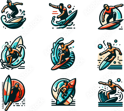 sketch vector illustration image design collection of icons logo symbols characters people surfing on the cool brain modern abstract model