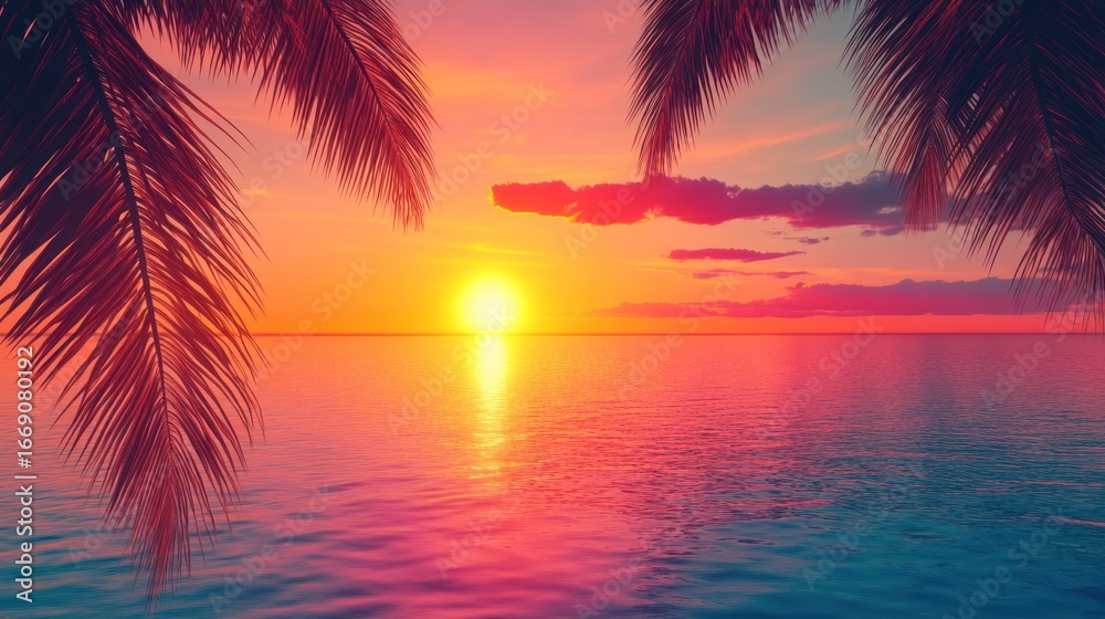 Obraz premium Tropical sunset over calm ocean, framed by palm fronds. Vibrant colors of orange, pink, and purple paint the sky and water at sunset. Silhouette of palm leaves at the foreground