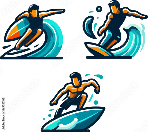 Vector sketch illustration image design collection of icons, logo symbols, sportsman characters surfing on the ocean waves, cool, modern, abstract style model