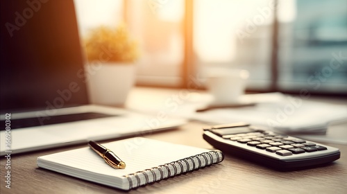 A workspace scene featuring a laptop, notepad, pen, and calculator on a light brown wooden desk, bathed in soft sunlight filtering through a window.