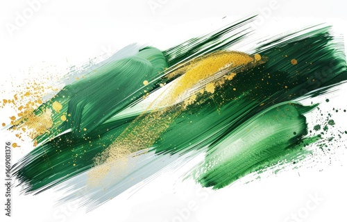Emerald, gold paint strokes on white; abstract art design background
