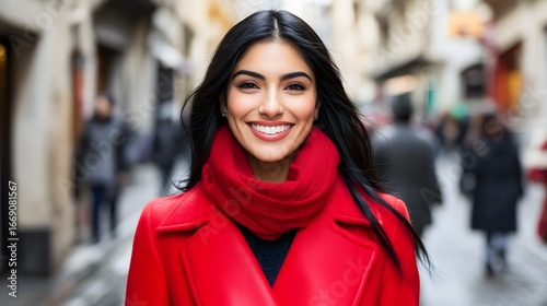 Smiling Woman in Red Coat Winter Fashion Street Portrait