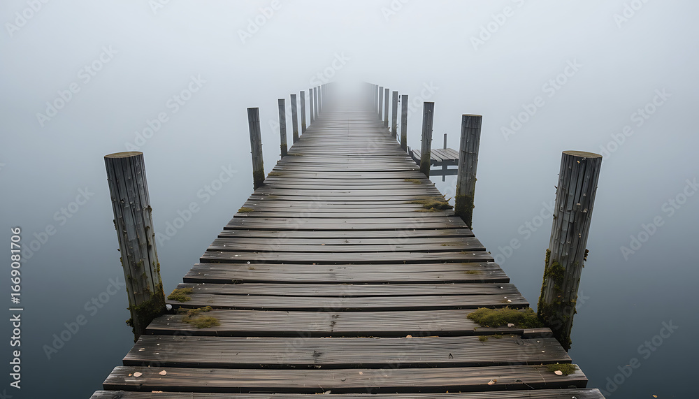 Fototapeta premium A weathered wooden pier extends into a dense, ethereal fog over calm water, creating a mysterious and atmospheric scene