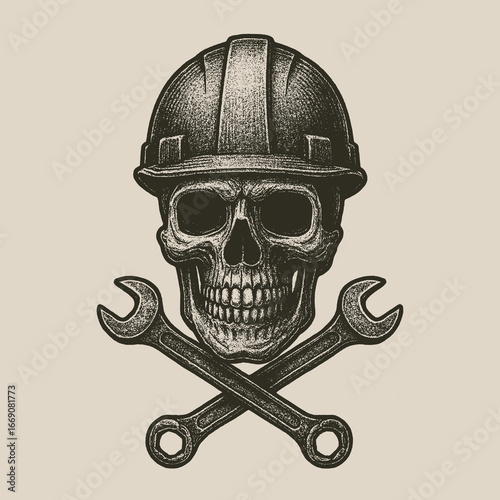 Vector Skull with Hard Hat and Crossed Wrenches Illustration