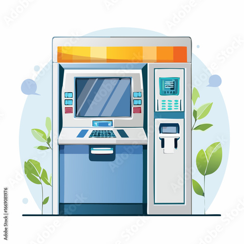 Modern Atm Machine Illustration With Green Plants