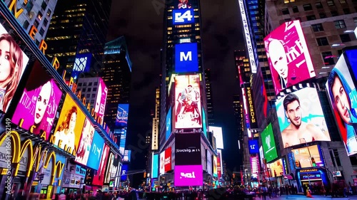Bright neon billboards illuminate Times Square at night in New York City, surrounded by crowds and vibrant colors. The video immerses viewers in the energetic nightlife, advertising, and stunning city