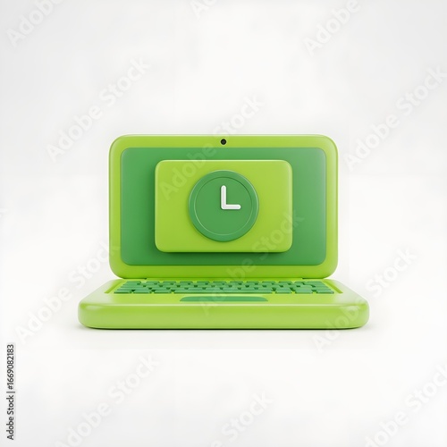 A vibrant green, stylized 3D laptop with a smaller screen displaying a clock icon, set against a clean white background.