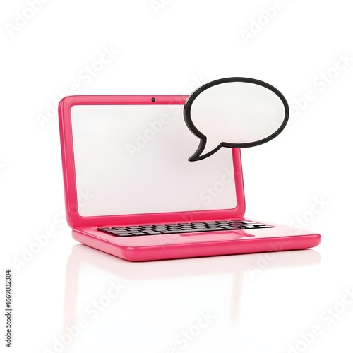 Pink laptop with a speech bubble, symbolizing communication and technology.