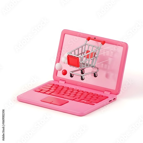 Pink laptop with a shopping cart on the screen, illustrating online shopping.