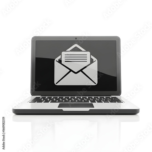 A sleek laptop computer displaying a large email message icon on its screen, isolated on a reflective white background.