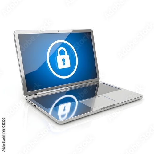A modern silver laptop computer displaying a glowing blue screen with a white padlock icon, symbolizing security and data protection.