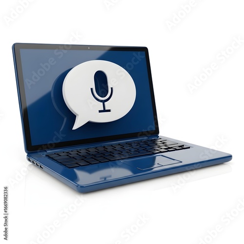A blue laptop displaying a speech bubble with a microphone icon on the screen.