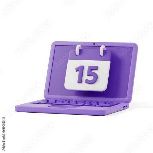 Purple laptop with calendar showing the 15th day of the month.