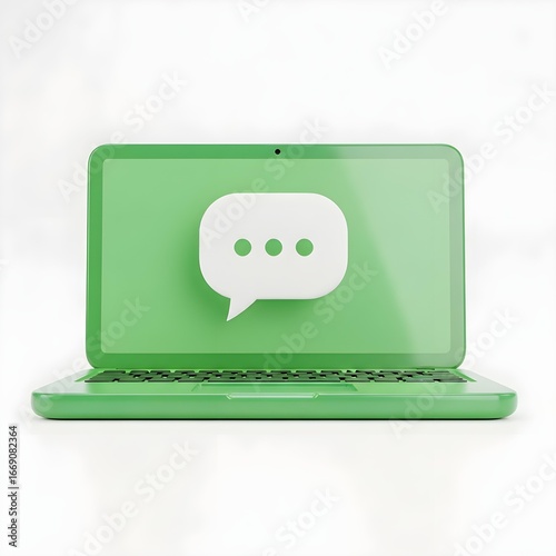 Green laptop displaying a chat bubble icon on its screen.