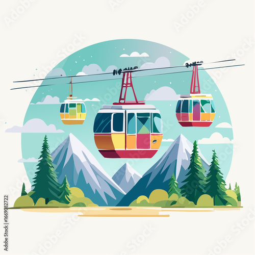 Colorful Aerial Tramway Over Mountain Landscape