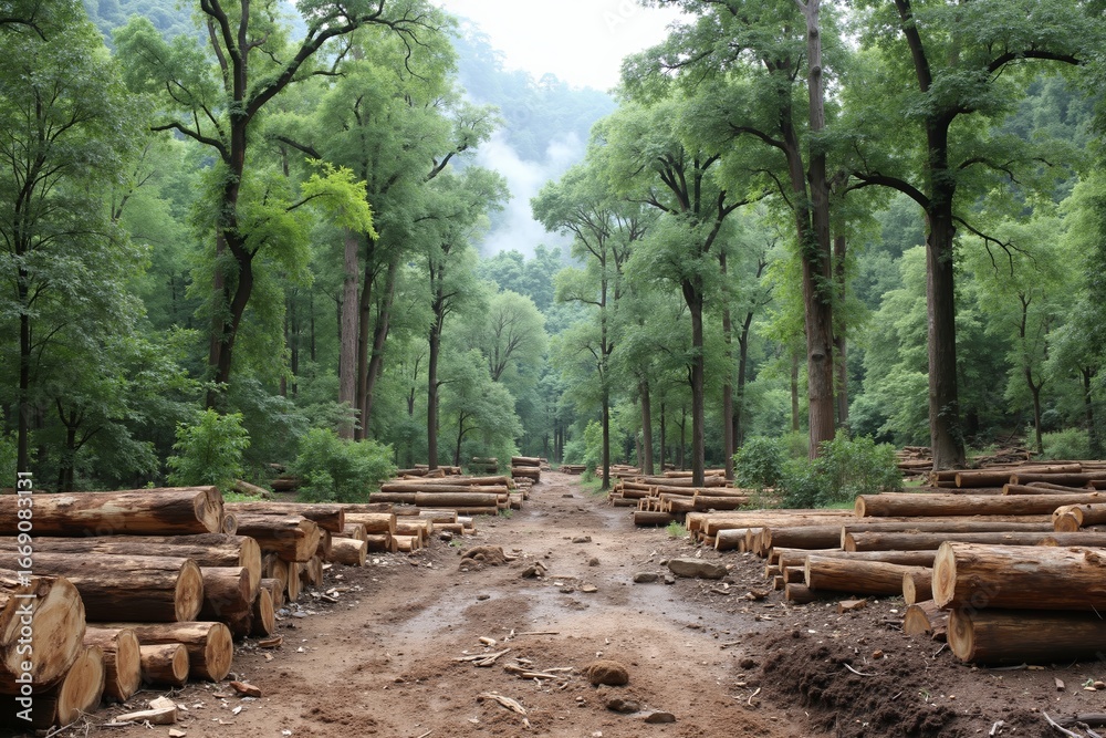 Fototapeta premium A dirt road in the middle of a forest filled with logs