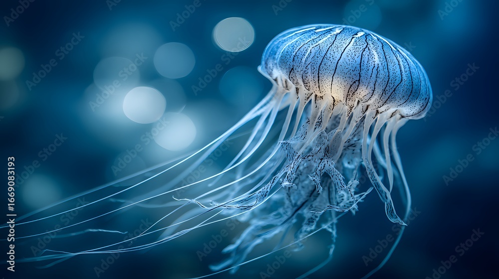Fototapeta premium A mesmerizing jellyfish, luminous and delicate, floats gracefully in a deep-blue aquatic environment, its translucent bell and flowing tentacles creating an ethereal scene.