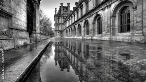Reflections of a Parisian courtyard on a rainy day.