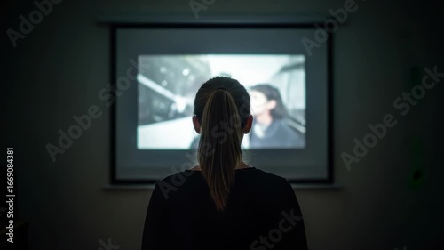 Silhouette woman observing grayscale videos on adjacent projection screens in a dark space