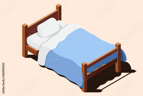 Isometric wooden bed with mattress. Isometric single bed. Wooden bed frame with mattress, pillow, and blanket. Isometric bedroom furniture