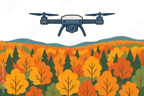 A drone is approaching the treetops of the forest in La Vérendrye Wildlife Reserve during autumn, which is situated in Montréal, Québec, Canada