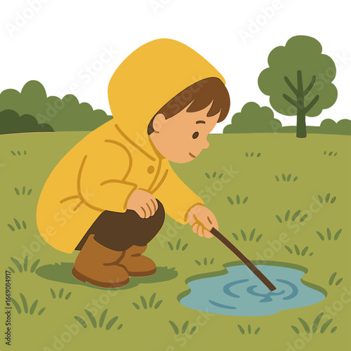 A young boy amuses himself with a puddle and stick while taking a leisurely walk in the park