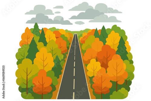 A picturesque and serpentine roadway set amidst a thriving woodland highlighting breathtaking autumn hues and untouched splendor