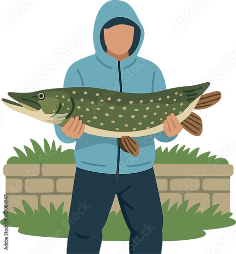 Man fishing in autumn holds a caught pike in his hands