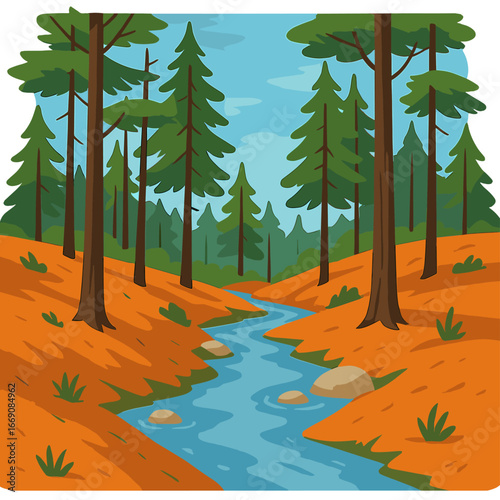 A forest in autumn is visible in a panoramic view, with a hiking path that is covered