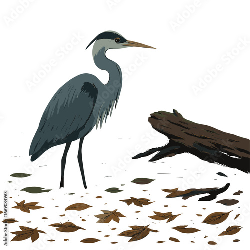 On an autumn day, a gray heron is photographed hunting while surrounded by the leaves of the trees