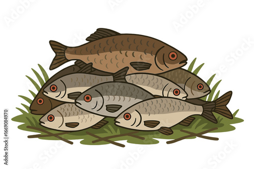 A freshly caught fish from the river is lying on the grass, representing a fishing and hunting concept