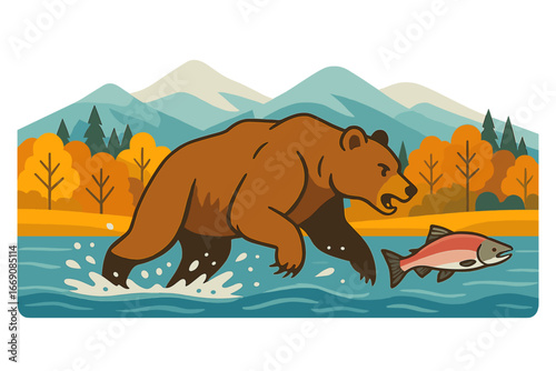 A watercolor illustration depicts a grizzly bear catching salmon in a bright river, set against a backdrop of majestic mountains and vibrant autumn trees, as the bear wades through the water, sending