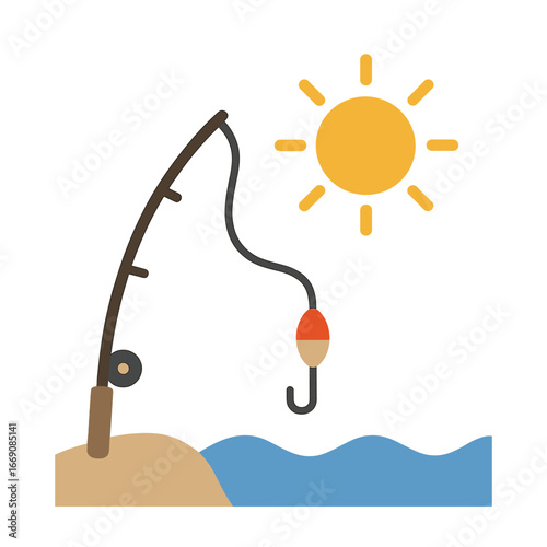 A serene fishing scene unfolds with a rod stretched out over the water, bathed in a warm golden glow