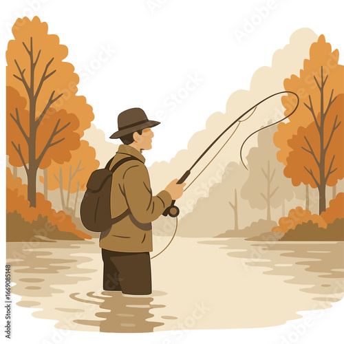 A fly fisherman appreciates the tranquil scenery of a mountain river as he fishes