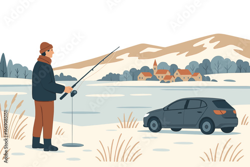 Camping and carp fishing excursions in autumn involve serene lakefront mornings where a fisherman, clad in camouflage fleece, remains hidden among the reeds as the sun rises over the mountain