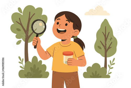 A girl examines insects in the forest using a magnifying glass