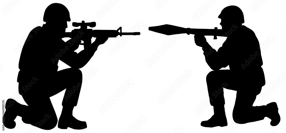 Obraz premium Silhouettes of Soldiers in Sniping Position