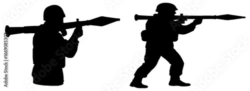 Silhouettes of Toys Soldiers with Rifles, Black Color on White Background