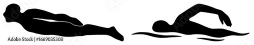 Silhouettes of Swimmers in Water, Black Color Isolated on White Background