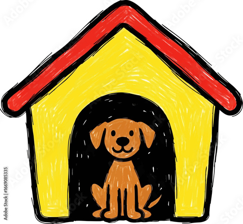 Dog Sitting Peacefully in its Crayon Dog House