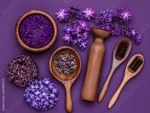 Purple Spa Still Life, Flowers, Salts, and Wooden Brushes