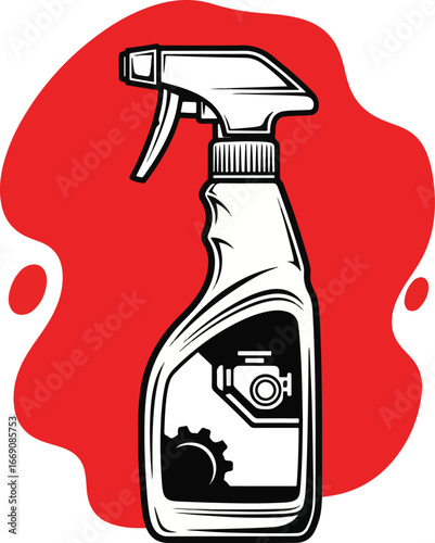 Engine Degreaser Spray Icon – Black and White Vector Illustration on Red Background