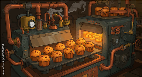 Cherry popover period vector vintage bakery machine with cupcakes and industrial oven for baking and food production process art